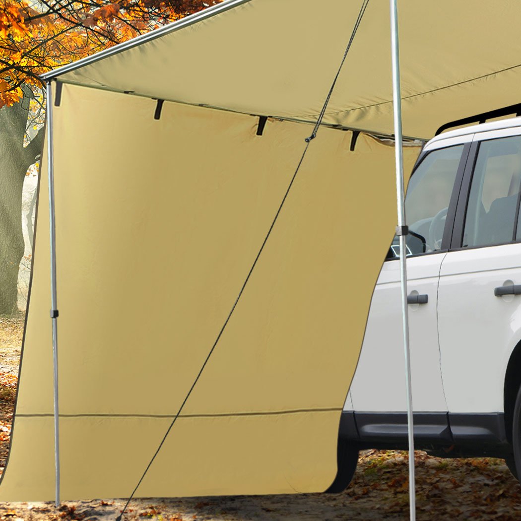 Mountview 2.5x3M Car Side Awning set up beside a vehicle, showcasing its spacious shade area and adjustable height features.